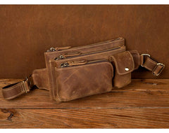 Vintage Brown Leather Mens Fanny Pack Waist Bag Coffee Hip Pack Belt Bag Bumbag for Men