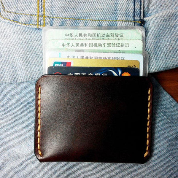 Dark Brown Leather Mens Slim Front Pocket Wallets Leather Cards Wallet for Men - imessengerbags
