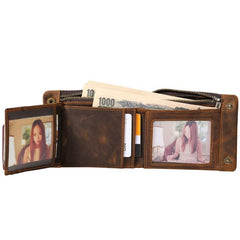 Dark Brown Small MENS LEATHER Brown Trifold Wallet SLIM billfold Brown Wallet FOR MEN - imessengerbags
