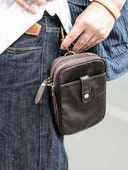Dark Brown Vintage Leather Mens Small Messenger Bag Waist Bag Black Belt Pouch Bag For Men - imessengerbags