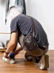 Dark Brown Vintage Leather Mens Small Messenger Bag Waist Bag Black Belt Pouch Bag For Men - imessengerbags