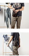 Dark Brown Vintage Leather Mens Small Messenger Bag Waist Bag Black Belt Pouch Bag For Men - imessengerbags