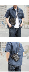 Dark Brown Vintage Leather Mens Small Messenger Bag Waist Bag Black Belt Pouch Bag For Men - imessengerbags