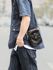 Dark Brown Vintage Leather Mens Small Messenger Bag Waist Bag Black Belt Pouch Bag For Men - imessengerbags