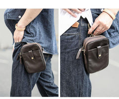 Dark Brown Vintage Leather Mens Small Messenger Bag Waist Bag Black Belt Pouch Bag For Men - imessengerbags