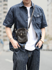 Dark Brown Vintage Leather Mens Small Messenger Bag Waist Bag Black Belt Pouch Bag For Men - imessengerbags