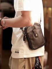Dark Brown Vintage Leather Mens Small Messenger Bag Waist Bag Black Belt Pouch Bag For Men - imessengerbags