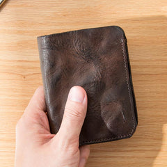 Dark Brown Wrinkled Leather Mens Front Pocket Card Wallets Bifold Vintage billfold Wallet Small Wallet for Men - imessengerbags