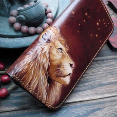 Dark Coffee Handmade Tooled Lion Leather Mens Bifold Long Wallet Zipper Clutch For Men - imessengerbags