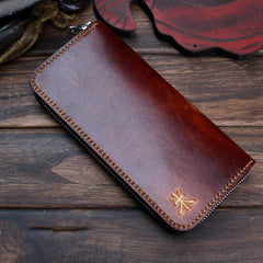 Dark Coffee Handmade Tooled Lion Leather Mens Bifold Long Wallet Zipper Clutch For Men - imessengerbags