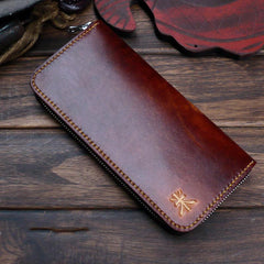 Dark Coffee Handmade Tooled Lion Leather Mens Bifold Long Wallet Zipper Clutch For Men