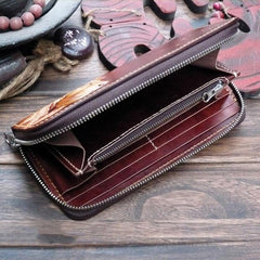 Dark Coffee Handmade Tooled Lion Leather Mens Bifold Long Wallet Zipper Clutch For Men - imessengerbags