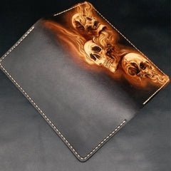 Dark Coffee Handmade Tooled Three Skulls Leather Mens Long Wallet Bifold Clutch For Men - imessengerbags