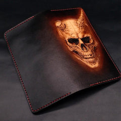Dark Coffee Handmade Tooled Death Skull with Horn Leather Mens Bifold Long Wallet Clutch For Men - imessengerbags