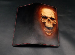 Dark Coffee Handmade Tooled Death Skull with Horn Leather Mens Bifold Long Wallet Clutch For Men - imessengerbags
