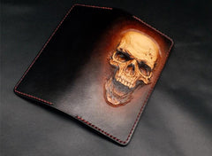 Dark Coffee Handmade Tooled Death Skull with Horn Leather Mens Bifold Long Wallet Clutch For Men - imessengerbags