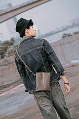 Dark Coffee Leather Mens Small Vertical Courier Bag Messenger Bags Black Small Postman Bag For Men