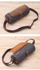 Gray Leather Mens Green Barrel Sling Bag Postman Bag Bucket Messenger Bag Side Bag For Men - imessengerbags
