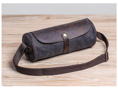 Gray Leather Mens Green Barrel Sling Bag Postman Bag Bucket Messenger Bag Side Bag For Men - imessengerbags