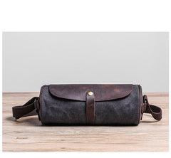 Gray Leather Mens Green Barrel Sling Bag Postman Bag Bucket Messenger Bag Side Bag For Men - imessengerbags