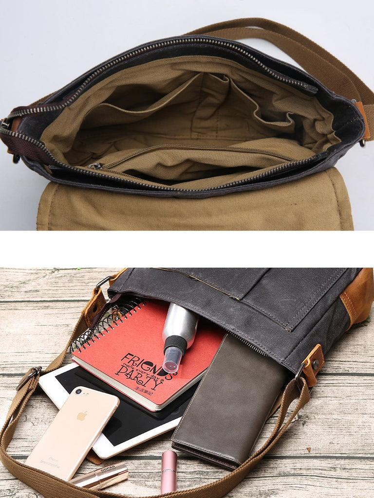 Small Waxed Canvas Mens Waterproof Green Side Bag Courier Bag Messenger Bag for Men