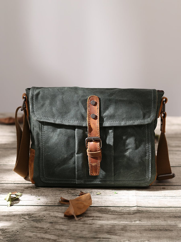 Wax Canvas Leather Mens Small Waterproof Vertical Green Side Bag Couri