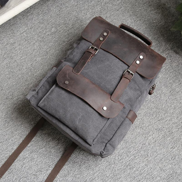 Gray Waxed Canvas Mens Large 15'' Laptop Backpack College Backpack Hiking Backpack for Men - imessengerbags