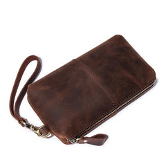 Brown MENS LEATHER ZIPPER CLUTCH WRISTLET PURSE BAG CLUTCH Wallet FOR MEN