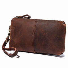 Brown MENS LEATHER ZIPPER CLUTCH WRISTLET PURSE BAG CLUTCH Wallet FOR MEN