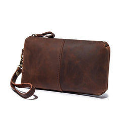 Brown MENS LEATHER ZIPPER CLUTCH WRISTLET PURSE BAG CLUTCH Wallet FOR MEN