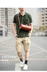 Brown Leather Mens Casual Bucket Shoulder Bag Barrel Messenger Bags Postman Bag For Men - imessengerbags