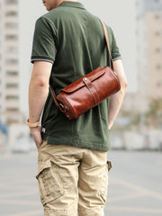 Brown Leather Mens Casual Bucket Shoulder Bag Barrel Messenger Bags Postman Bag For Men - imessengerbags