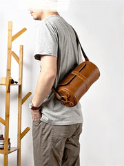Brown Leather Mens Casual Bucket Shoulder Bag Barrel Messenger Bags Postman Bag For Men - imessengerbags