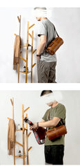 Brown Leather Mens Casual Bucket Shoulder Bag Barrel Messenger Bags Postman Bag For Men - imessengerbags