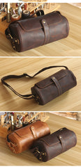 Brown Leather Mens Casual Bucket Shoulder Bag Barrel Messenger Bags Postman Bag For Men - imessengerbags