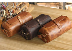 Brown Leather Mens Casual Bucket Shoulder Bag Barrel Messenger Bags Postman Bag For Men - imessengerbags