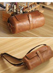 Brown Leather Mens Casual Bucket Shoulder Bag Barrel Messenger Bags Postman Bag For Men - imessengerbags