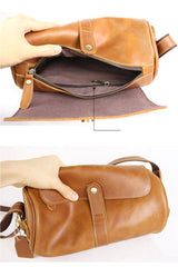 Brown Leather Mens Casual Bucket Shoulder Bag Barrel Messenger Bags Postman Bag For Men - imessengerbags