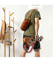 Brown Leather Mens Casual Bucket Shoulder Bag Barrel Messenger Bags Postman Bag For Men - imessengerbags
