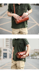 Brown Leather Mens Casual Bucket Shoulder Bag Barrel Messenger Bags Postman Bag For Men - imessengerbags