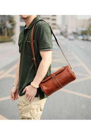 Brown Leather Mens Casual Bucket Shoulder Bag Barrel Messenger Bags Postman Bag For Men - imessengerbags