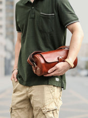 Brown Leather Mens Casual Bucket Shoulder Bag Barrel Messenger Bags Postman Bag For Men - imessengerbags