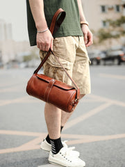 Brown Leather Mens Casual Bucket Shoulder Bag Barrel Messenger Bags Postman Bag For Men - imessengerbags
