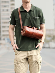 Brown Leather Mens Casual Bucket Shoulder Bag Barrel Messenger Bags Postman Bag For Men - imessengerbags
