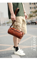 Brown Leather Mens Casual Bucket Shoulder Bag Barrel Messenger Bags Postman Bag For Men - imessengerbags