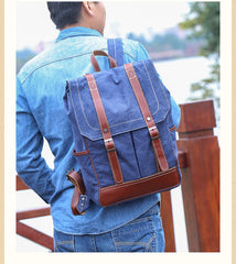 Denim Blue Waxed Canvas Mens Large 14'' Laptop Backpack College Backpack Hiking Backpack for Men - imessengerbags