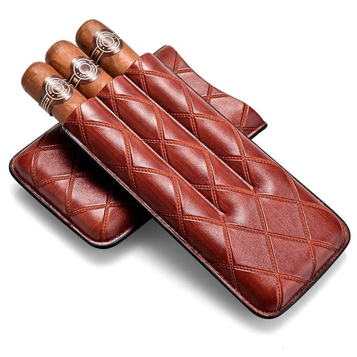 Brown Diamond Leather Mens 3pcs Cigar Case With Cutter Leather Cigar Cases for Men