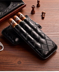 Brown Diamond Leather Mens 3pcs Cigar Case With Cutter Leather Cigar Cases for Men