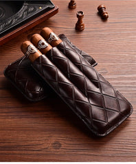 Brown Diamond Leather Mens 3pcs Cigar Case With Cutter Leather Cigar Cases for Men