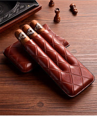 Brown Diamond Leather Mens 3pcs Cigar Case With Cutter Leather Cigar Cases for Men